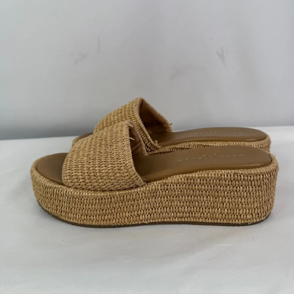 Marc Fisher LTD Daylin Woven Raffia Platform Slide Sandals Tan Womens 9.5 M